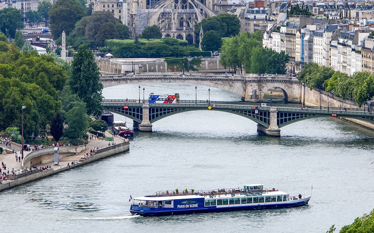 Dinner cruise boat on the Seine River in Paris passing under a bridge with cityscape in the background.