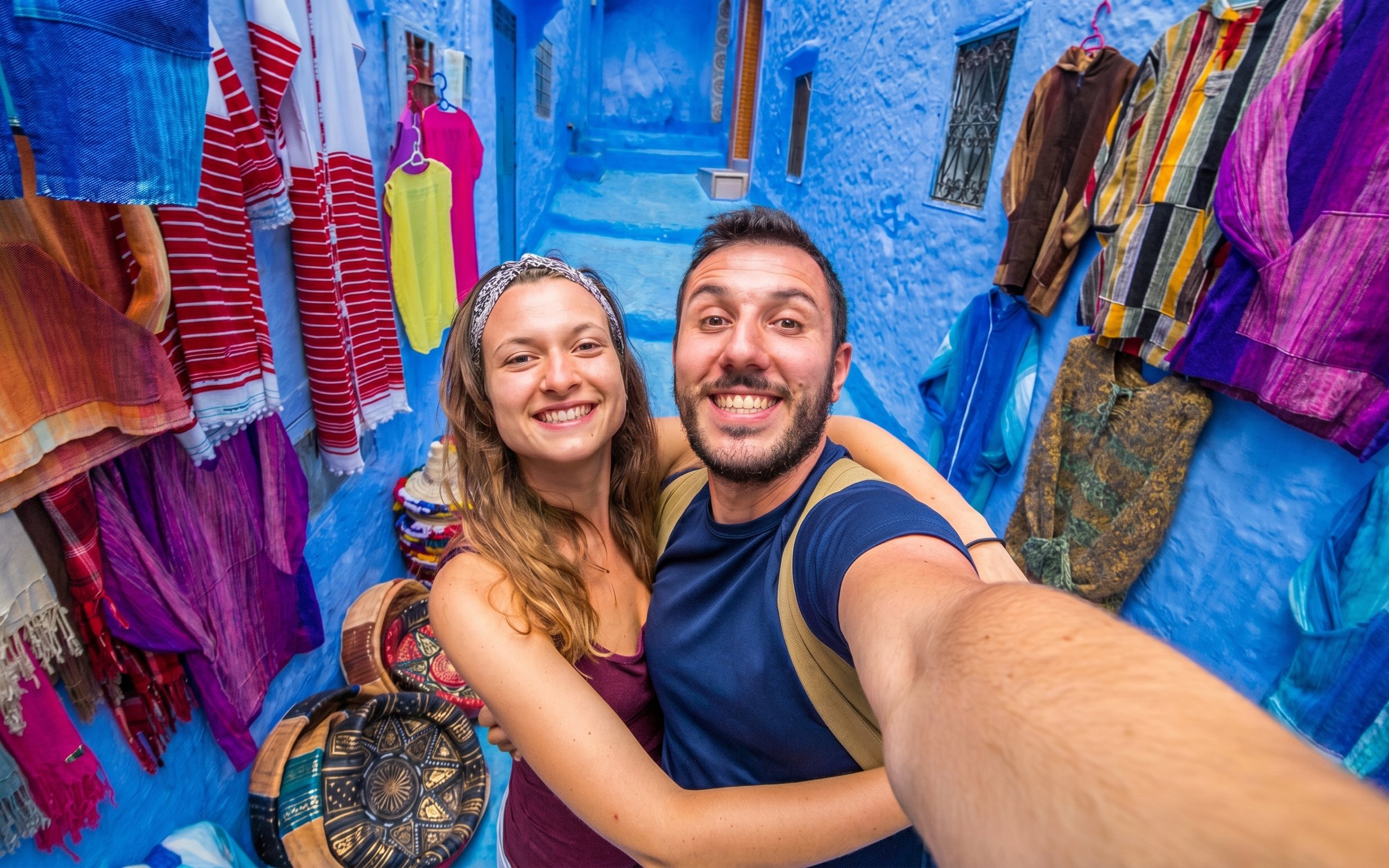 Couple taking a selfie in the vibrant blue streets of Chefchaouen, Morocco.