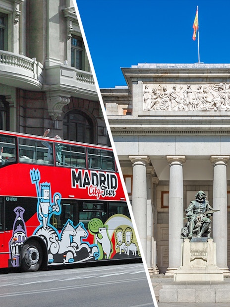 Madrid Hop-On Hop-Off bus near historic building and Paseo del Arte museum entrance.