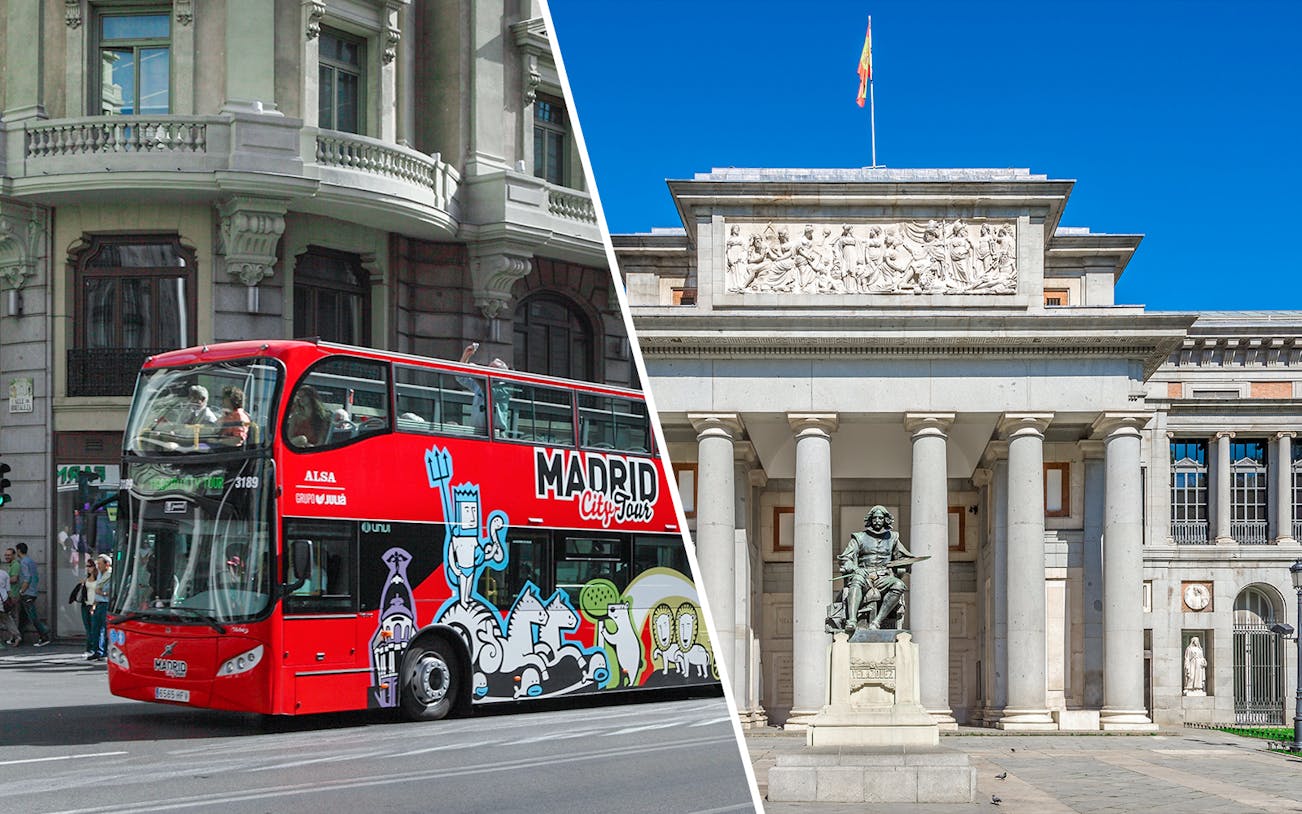 Madrid Hop-On Hop-Off bus near historic building and Paseo del Arte museum entrance.