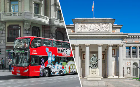 Madrid Hop-On Hop-Off bus near historic building and Paseo del Arte museum entrance.