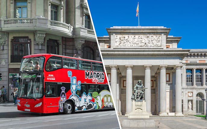 Madrid Hop-On Hop-Off bus near historic building and Paseo del Arte museum entrance.