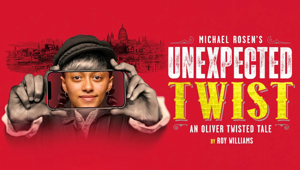 Unexpected Twist poster with a person holding a phone showing their face, cityscape in background.