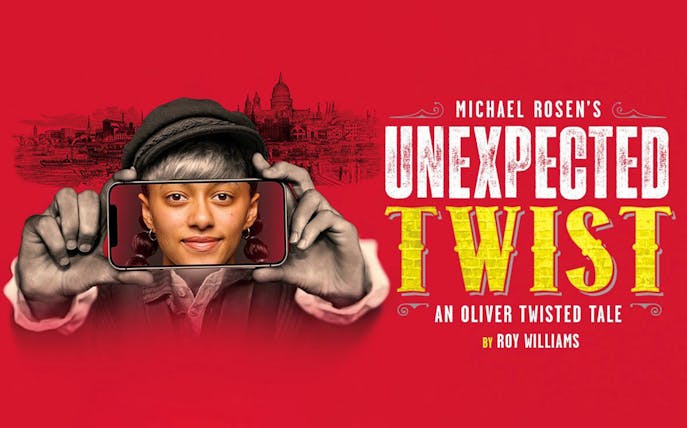 Unexpected Twist poster with a person holding a phone showing their face, cityscape in background.
