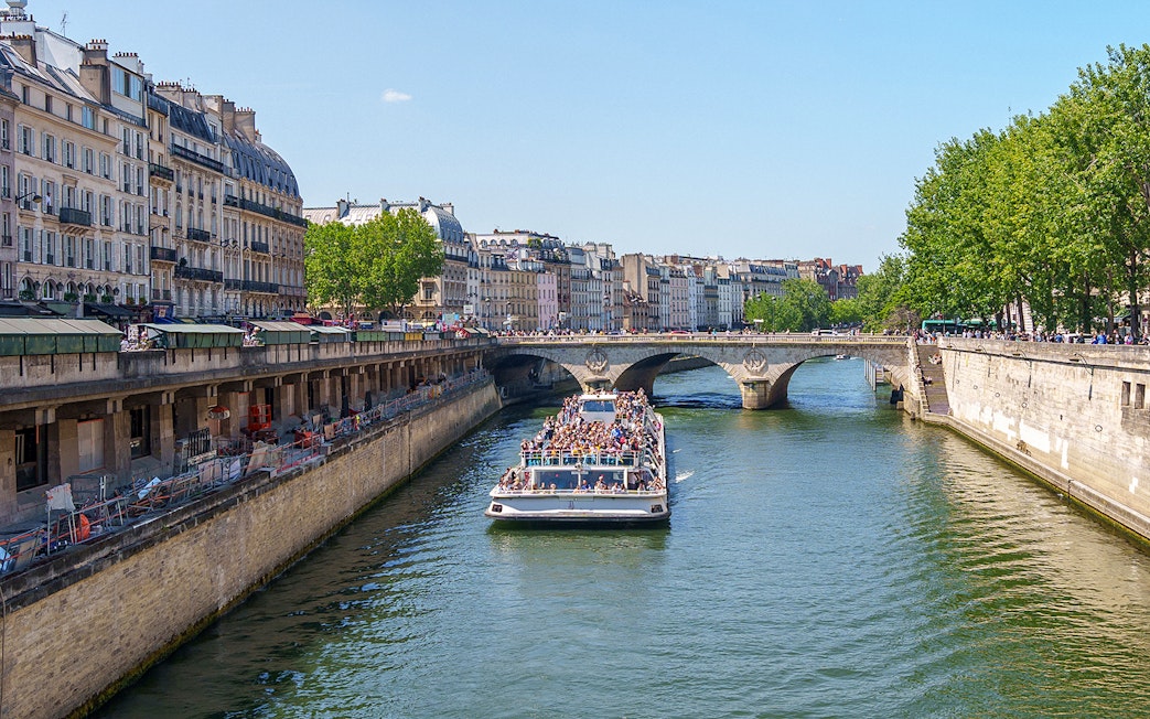 Seine River cruise boat passing under a bridge in Paris, France.