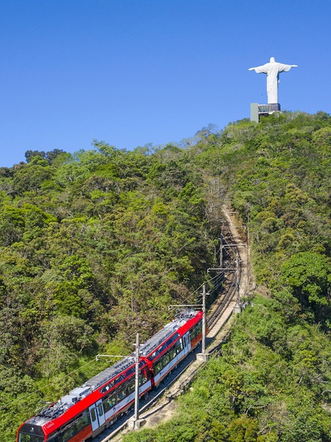 Train ascending to Christ the Redeemer statue on Corcovado Mountain, Rio de Janeiro.