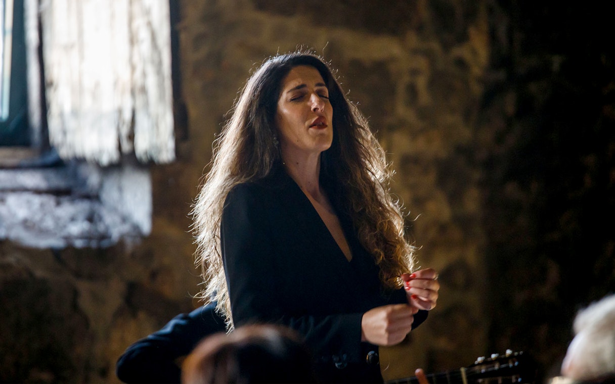 Performer singing at Live Fado Show in Fonseca Port Wine Cellars.