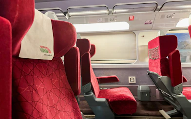 First class cabin seats on Al Boraq high-speed train in Morocco.