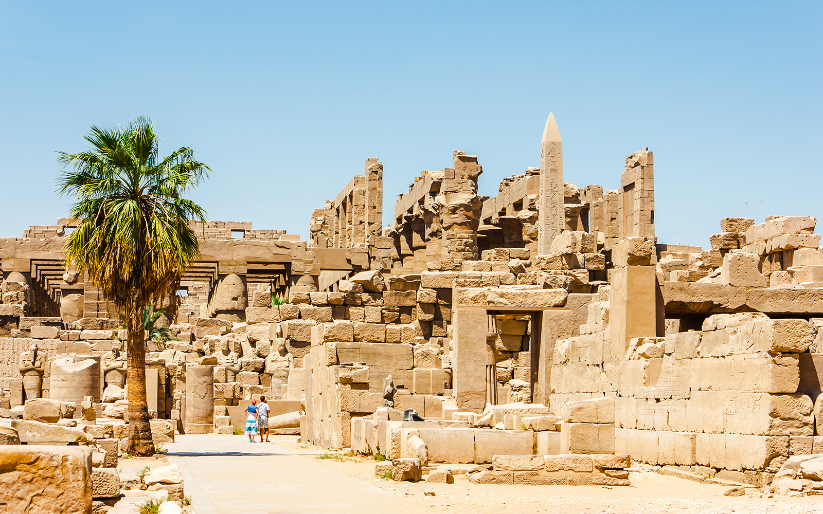 Luxor Temple ruins with palm tree and tourists exploring the ancient site.