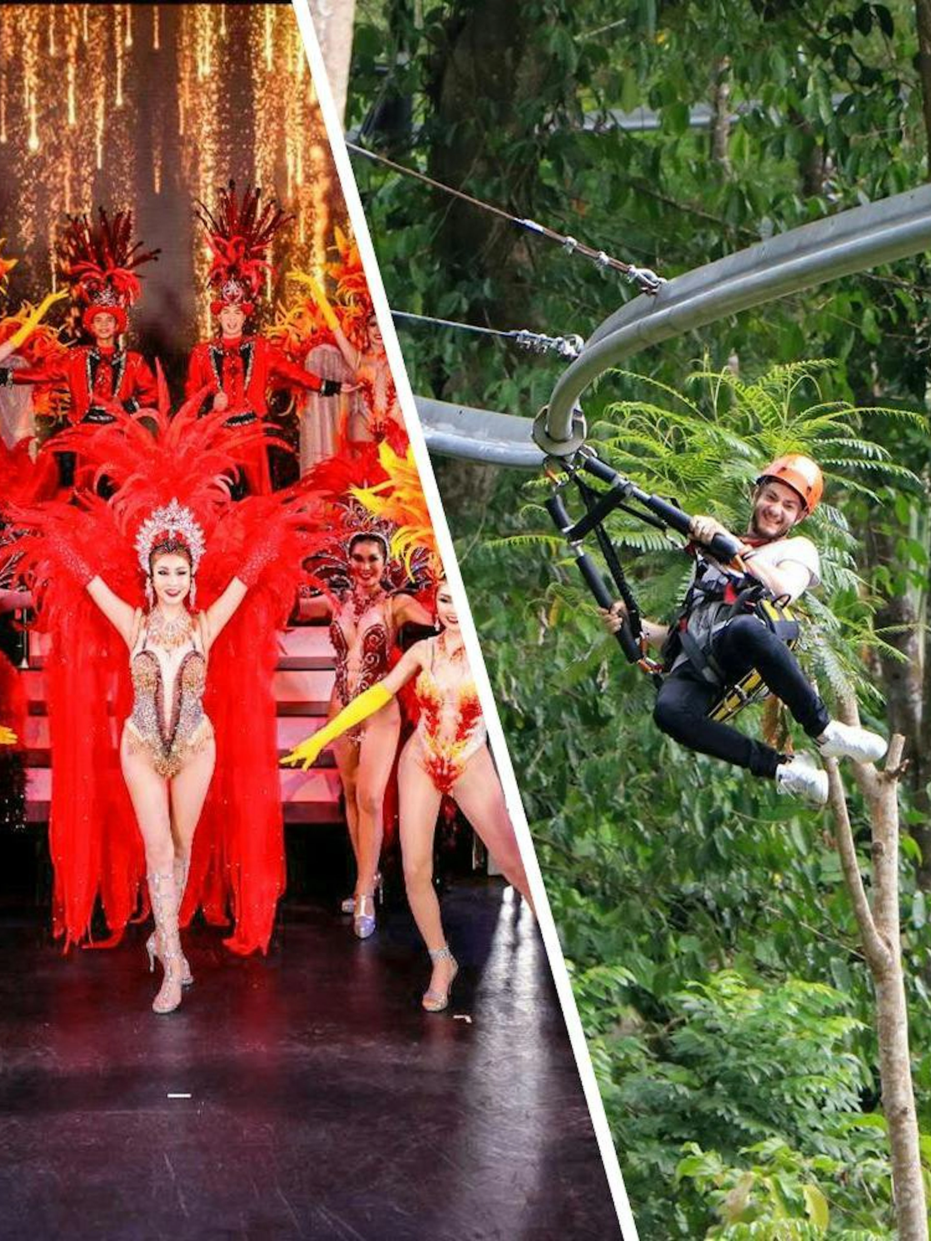 Simon Cabaret performers in vibrant costumes and a person ziplining at Hanuman World.