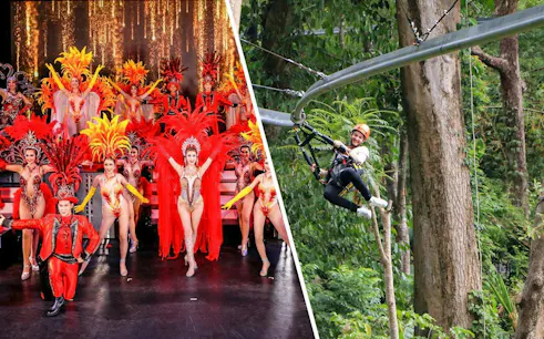 Simon Cabaret performers in vibrant costumes and a person ziplining at Hanuman World.