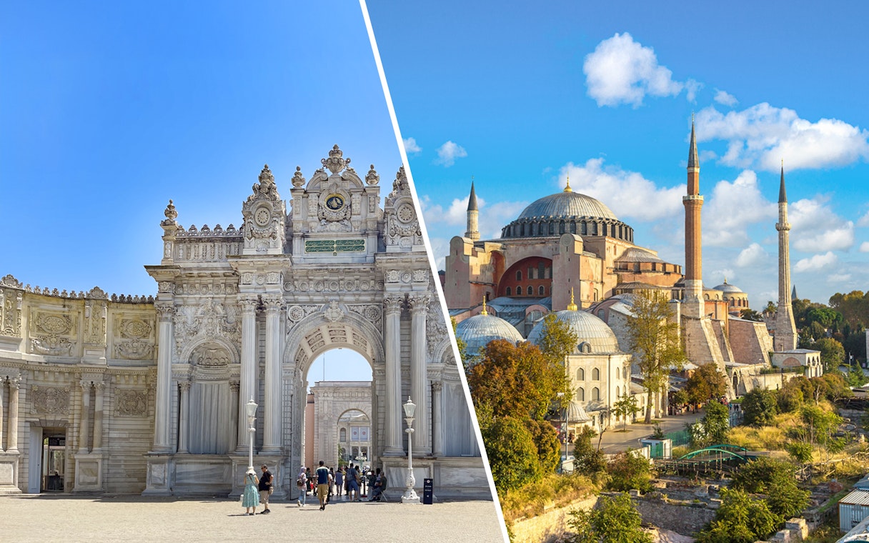 Dolmabahçe Palace gate and Hagia Sophia in Istanbul, Turkey, skip-the-line tour combo.