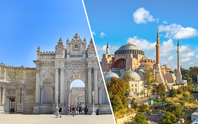 Dolmabahçe Palace gate and Hagia Sophia in Istanbul, Turkey, skip-the-line tour combo.
