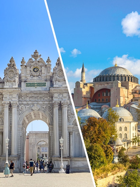 Dolmabahçe Palace gate and Hagia Sophia in Istanbul, Turkey, skip-the-line tour combo.