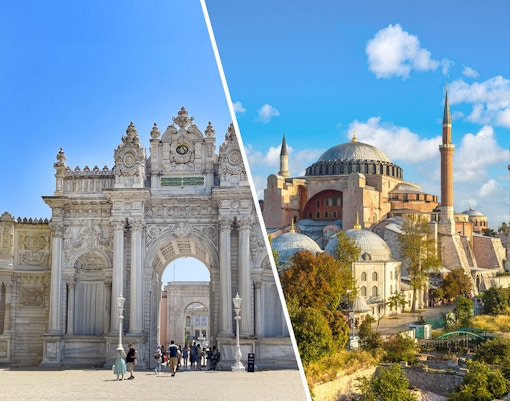 Dolmabahçe Palace gate and Hagia Sophia in Istanbul, Turkey, skip-the-line tour combo.