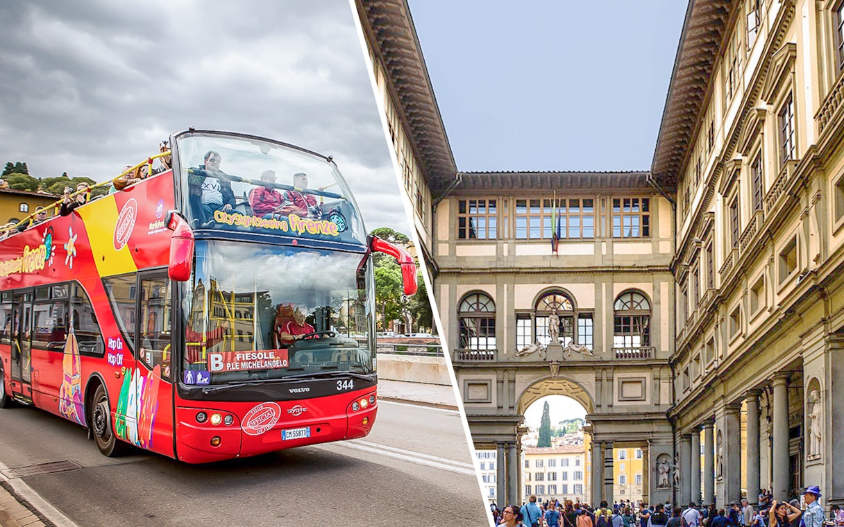 Hop-on hop-off bus in Florence and Uffizi Gallery entrance.