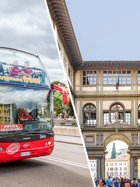 Hop-on hop-off bus in Florence and Uffizi Gallery entrance.