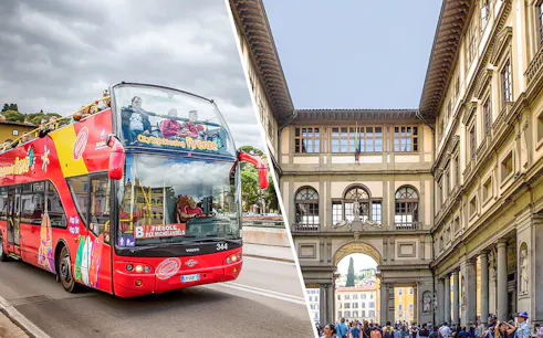 Hop-on hop-off bus in Florence and Uffizi Gallery entrance.