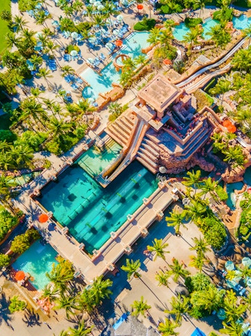 Aerial view of Aquaventure water park with pools and slides, Bahamas.