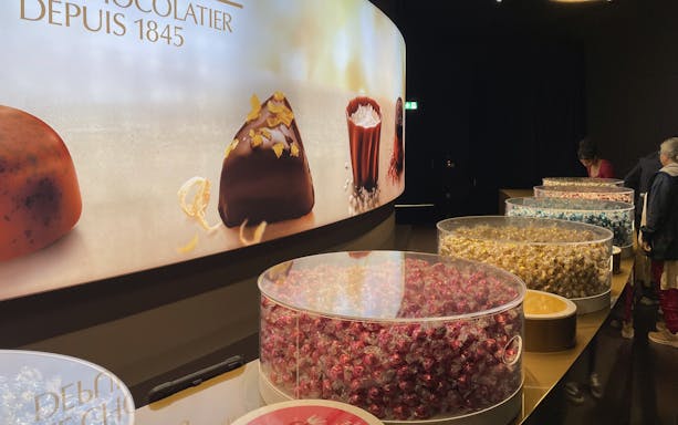 Lindt Home of Chocolate Museum Zurich, display of assorted chocolate truffles.