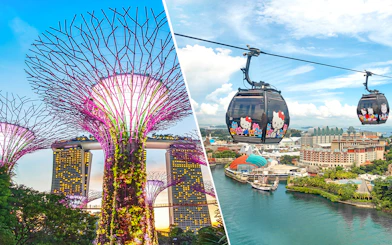 Gardens by the Bay Supertrees and Singapore Cable Car over Sentosa Island.