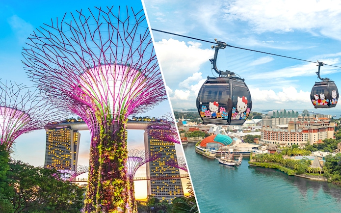 Gardens by the Bay Supertrees and Singapore Cable Car over Sentosa Island.