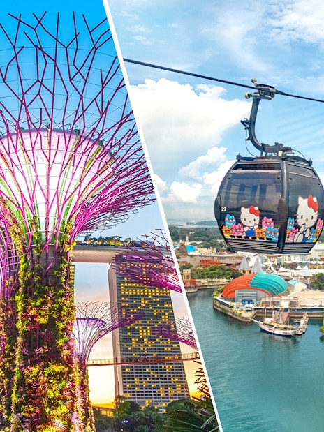 Gardens by the Bay Supertrees and Singapore Cable Car over Sentosa Island.