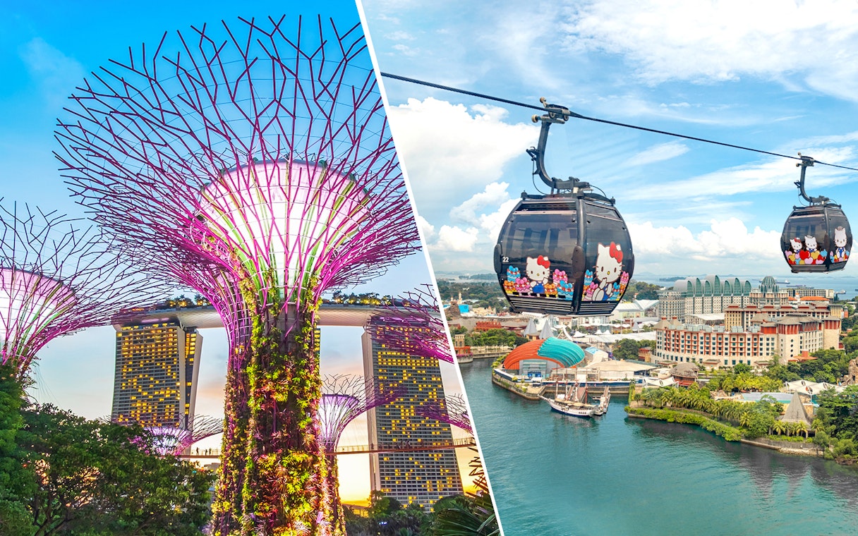 Gardens by the Bay Supertrees and Singapore Cable Car over Sentosa Island.