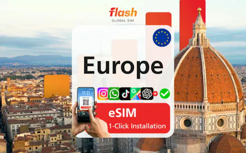 eSIM installation for Europe with daily data, featuring Florence's Duomo in the background.