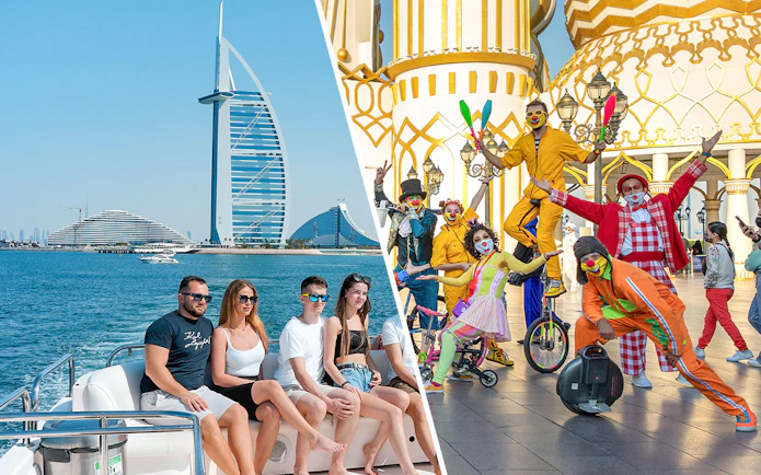 Boat tour near Burj Al Arab and performers at Dubai theme park.