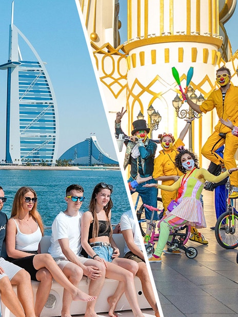 Boat tour near Burj Al Arab and performers at Dubai theme park.