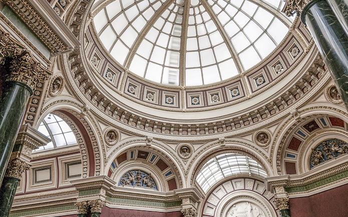 Dome interior of the National Gallery, London, showcasing ornate architectural details.