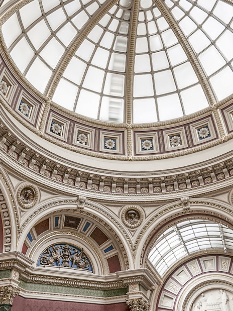 Dome interior of the National Gallery, London, showcasing ornate architectural details.