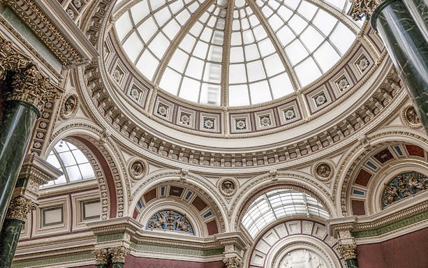 Dome interior of the National Gallery, London, showcasing ornate architectural details.