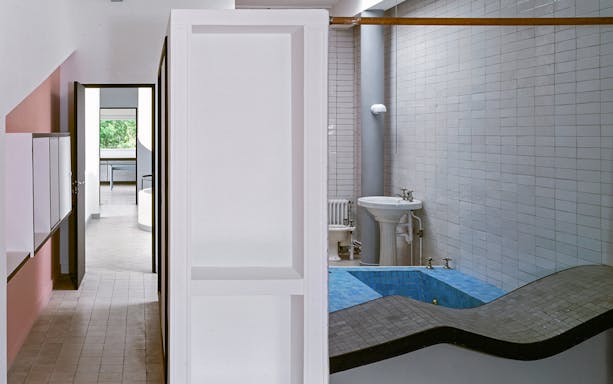 Villa Savoye interior with modern bathroom and hallway view, Poissy, France.