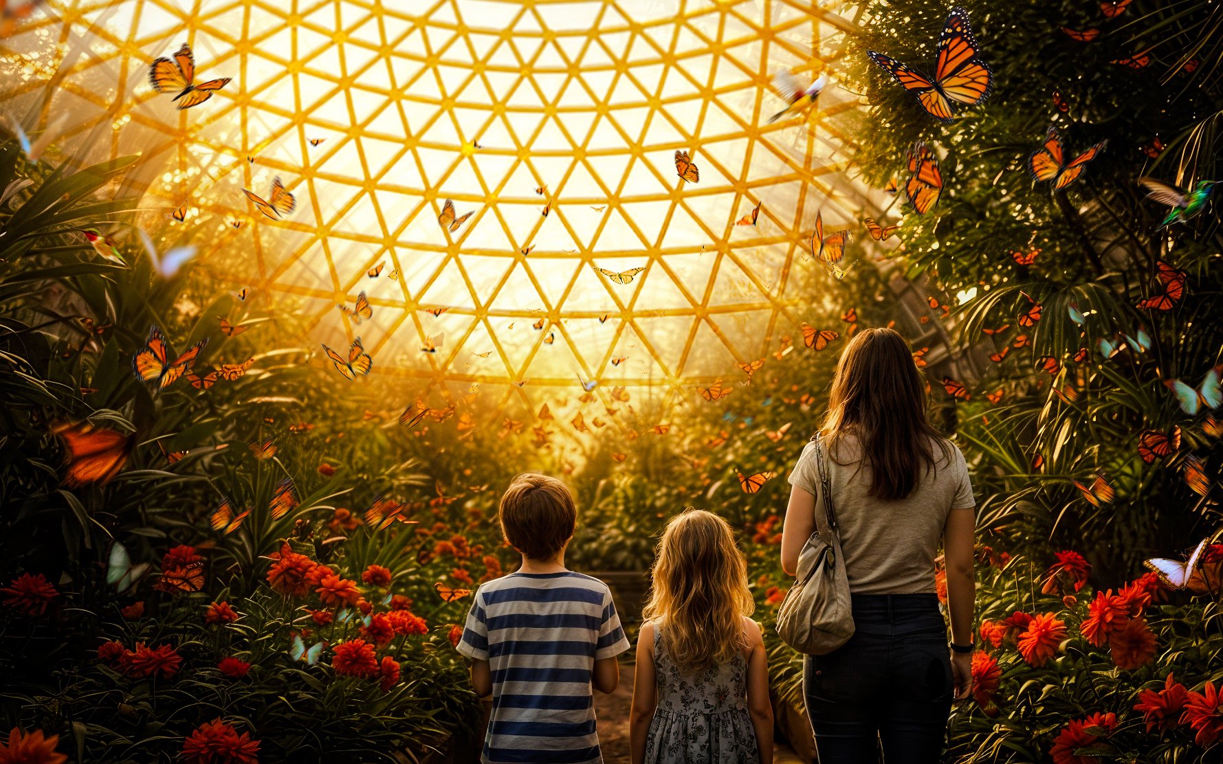 Family exploring The Butterfly Garden with vibrant flowers and butterflies under a sunlit dome.