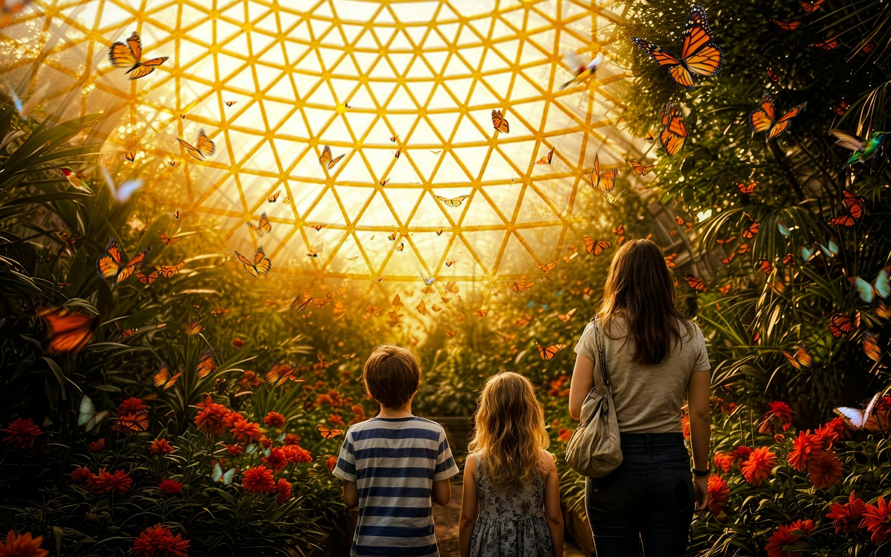 Family exploring The Butterfly Garden with vibrant flowers and butterflies under a sunlit dome.