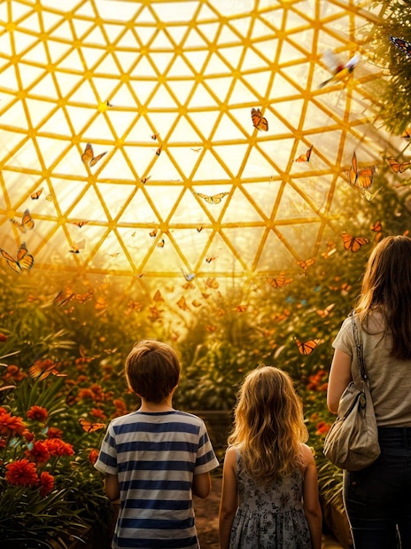 Family exploring The Butterfly Garden with vibrant flowers and butterflies under a sunlit dome.