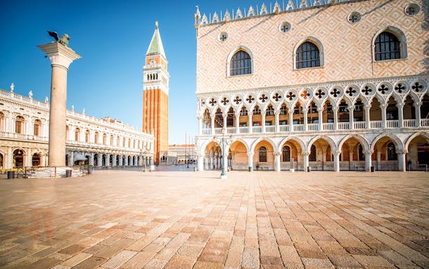 Doge's Palace and St. Mark's Campanile in Venice, Italy, part of the 3 Museum Pass tour.