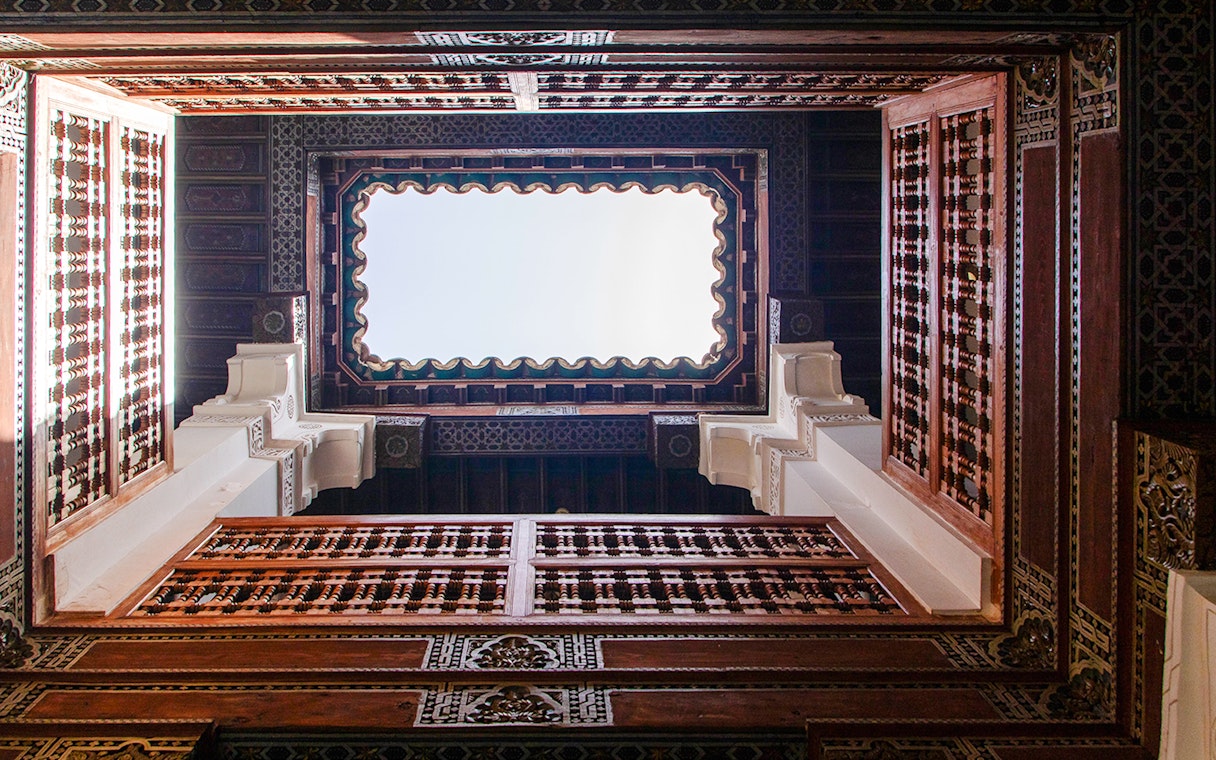 Ben Youssef Madrasa courtyard ceiling view, Marrakesh, Morocco.