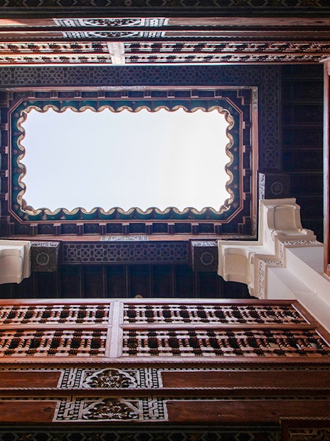 Ben Youssef Madrasa courtyard ceiling view, Marrakesh, Morocco.