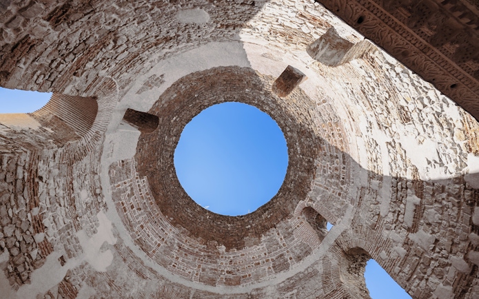 Vestibule ceiling view in Diocletian's Palace, Split, showing ancient stonework.