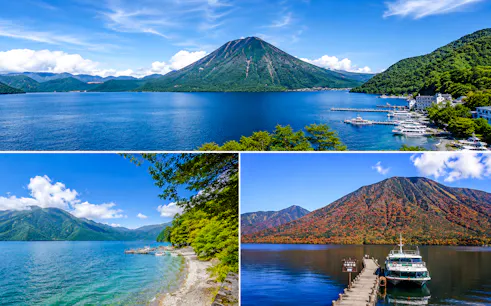 Lake Chuzenji with boats and Mount Nantai in Nikko, seen on a private car tour from Tokyo.