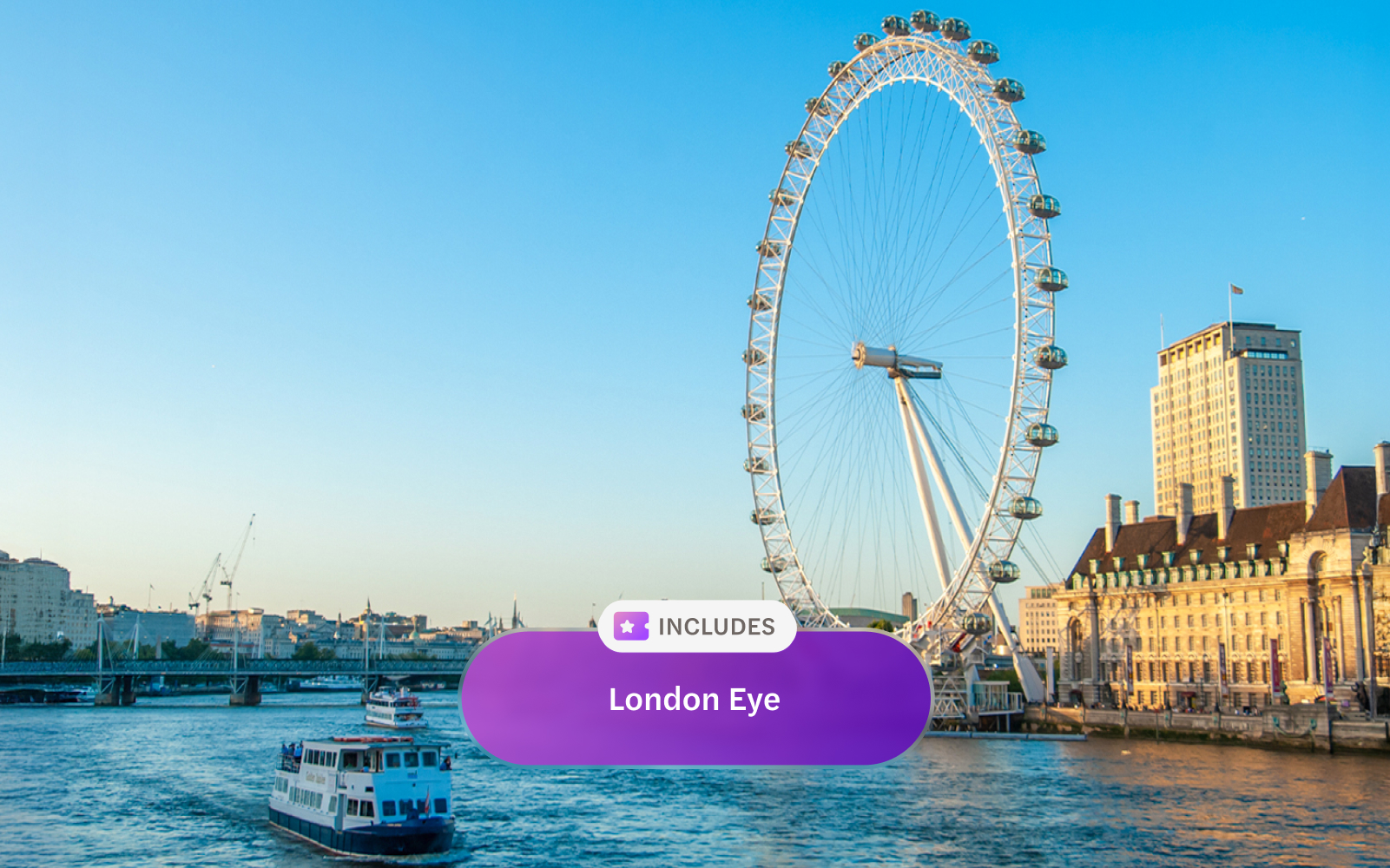 London Eye and Thames River with a boat on a sunny day.