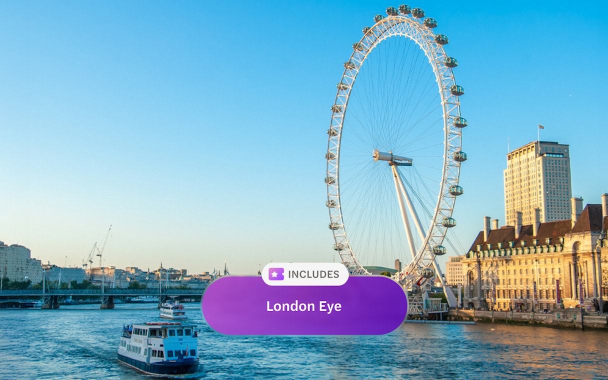 London Eye and Thames River with a boat on a sunny day.