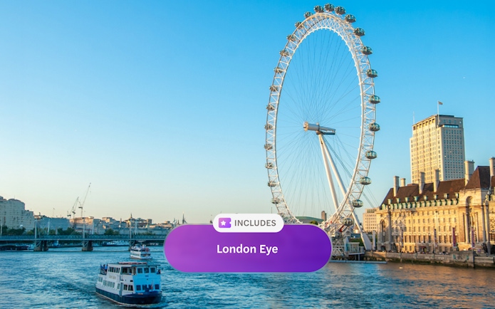 London Eye and Thames River with a boat on a sunny day.