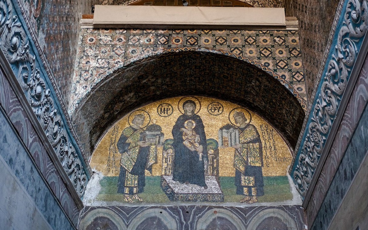 Hagia Sophia interior mosaic depicting Virgin Mary with Christ child and two emperors.