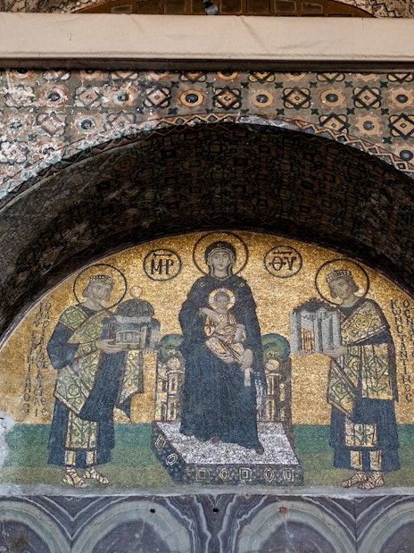 Hagia Sophia interior mosaic depicting Virgin Mary with Christ child and two emperors.