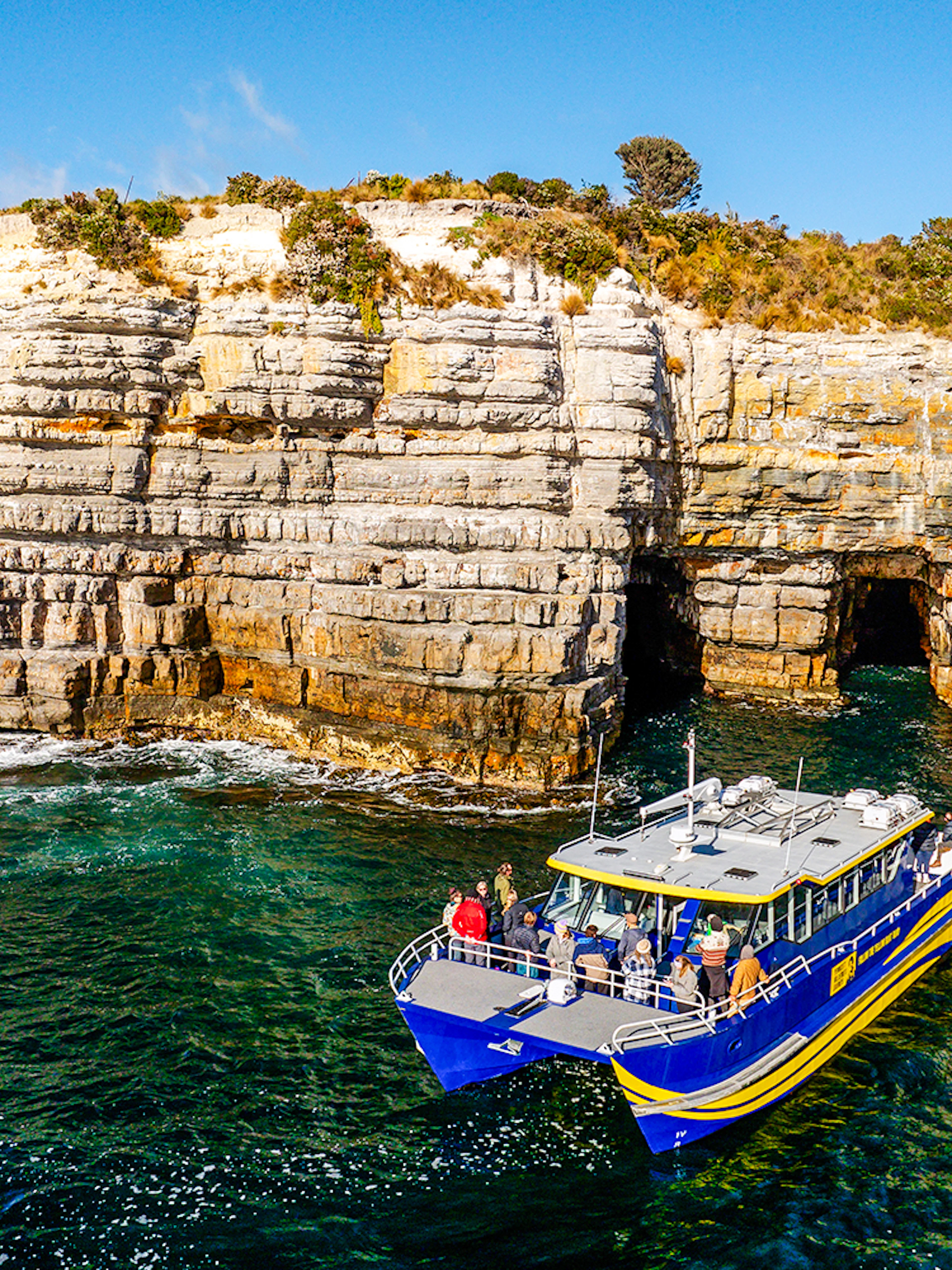 Boat tour near Tasman Peninsula cliffs, Cape Raoul, with rocky formations and clear blue water.