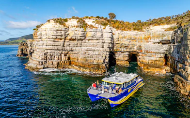 Boat tour near Tasman Peninsula cliffs, Cape Raoul, with rocky formations and clear blue water.
